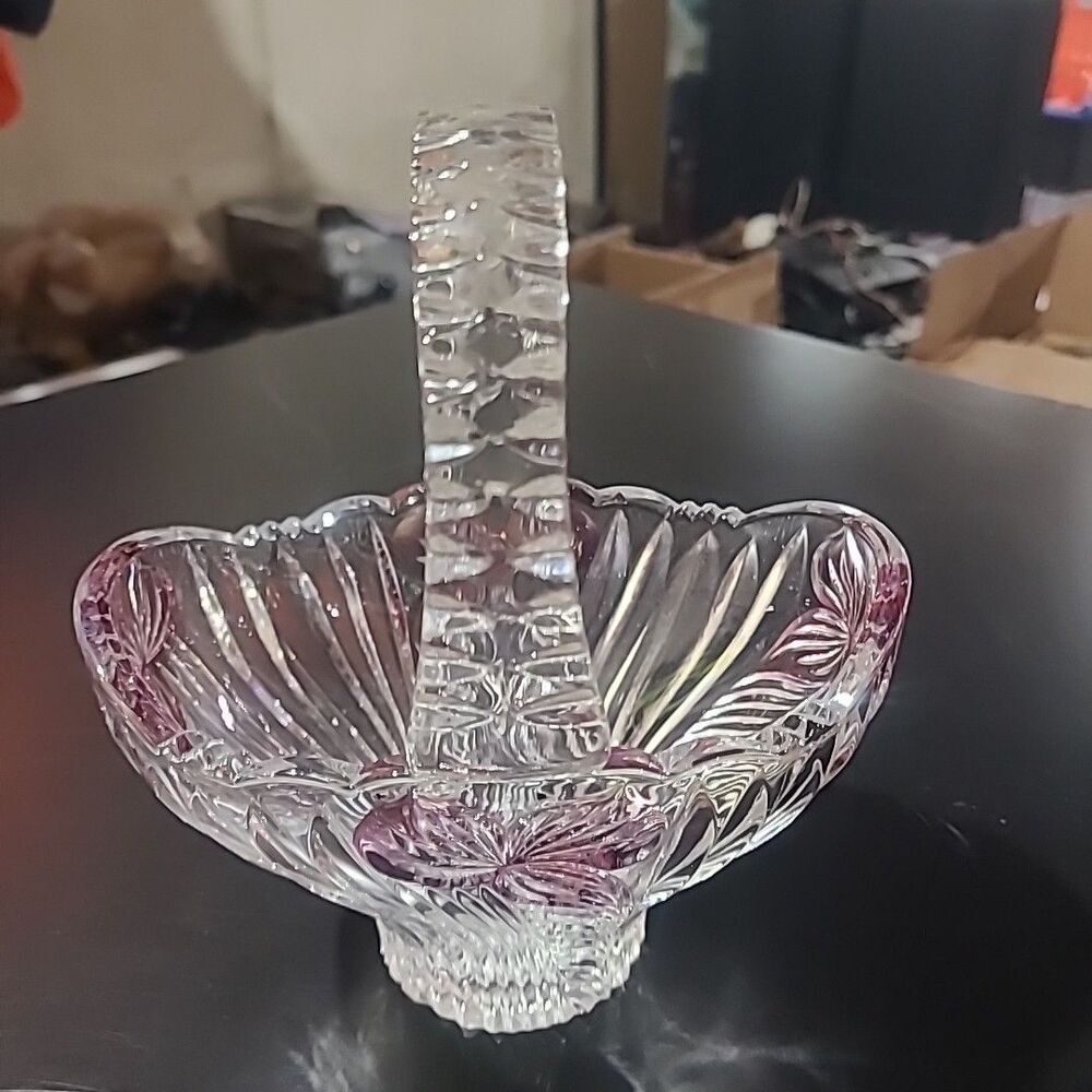 Vintage Clear Glass Basket With Purple / Lavender Flowers W 6" H 7" NICE!